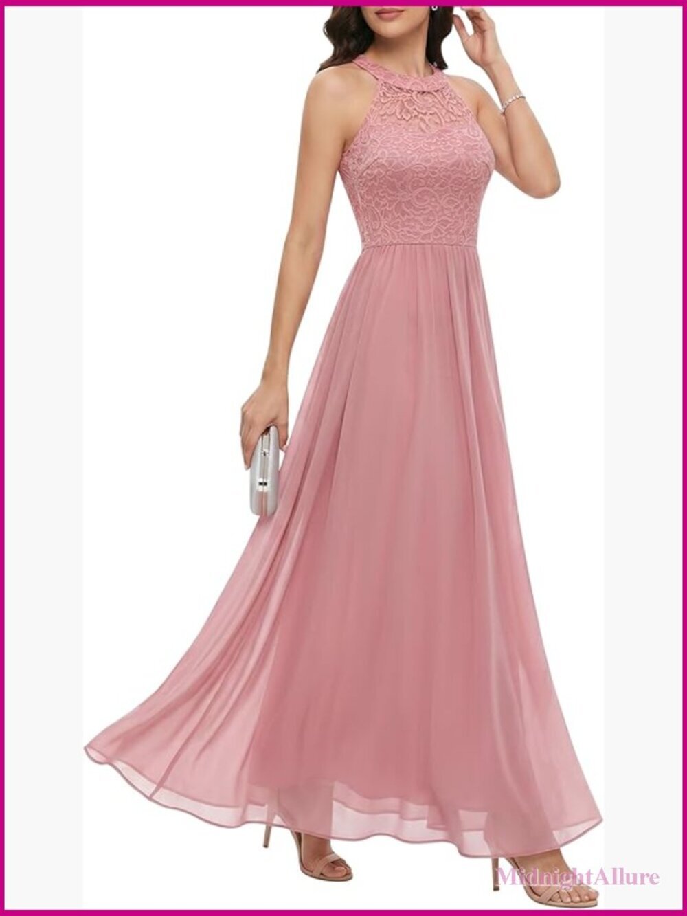 Halter Floral Lace Chiffon A-Line Formal Maxi Dress